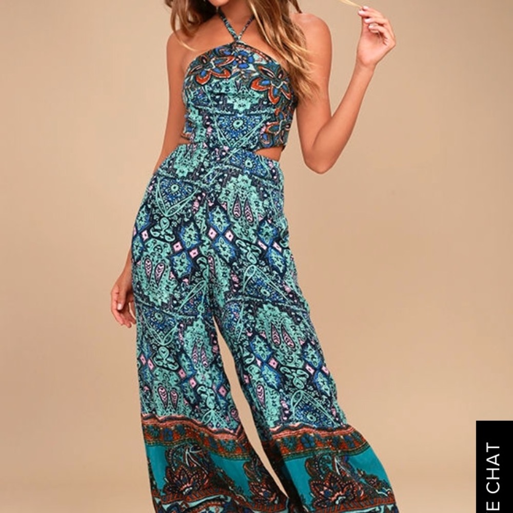 Free People Maribelle Navy Blue Print Jumpsuit